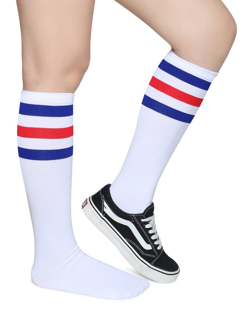 Pareberry Triple Stripes Soft Cotton Knee High Tube Socks for Men and Women (Blue/Red/White) - Image 2